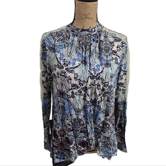 Free People Tops - FREE‎ PEOPLE Keyhole Back Lace Trim Multi Color Print Top Blouse Women's Size S